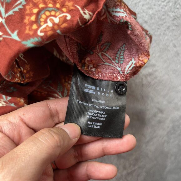 Billabong Shirt Large Brown Turquoise Tiki Button Front Short Sleeve Dopamine - Picture 3 of 5